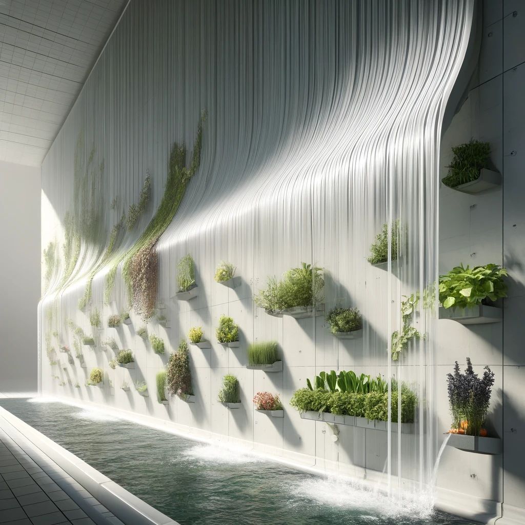 WaterWalls™ indoor water cascade integrated with edible plants